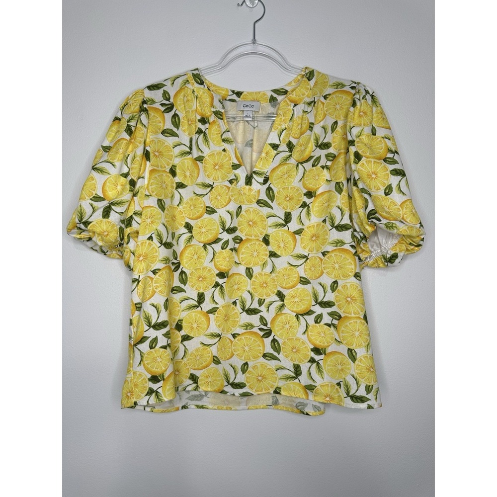 Cece Puff Sleeve Blouse Yellow Lemon Print Linen Blend Size L